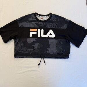 FILA Fusion Oversized Crop Top M Black Orange Drawstring Waist Short Sleeve